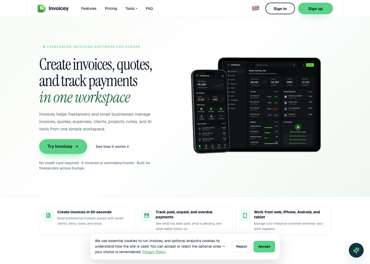 Invoicey.io — SaaS · Site produit project by DotVertex